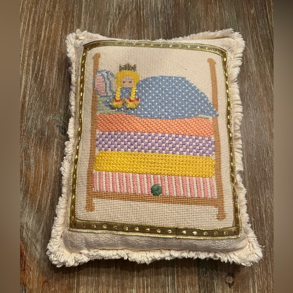CUSTOM NEEDLEPOINT PRINCESS AND THE PEA PILLOW, 13x9.5”
